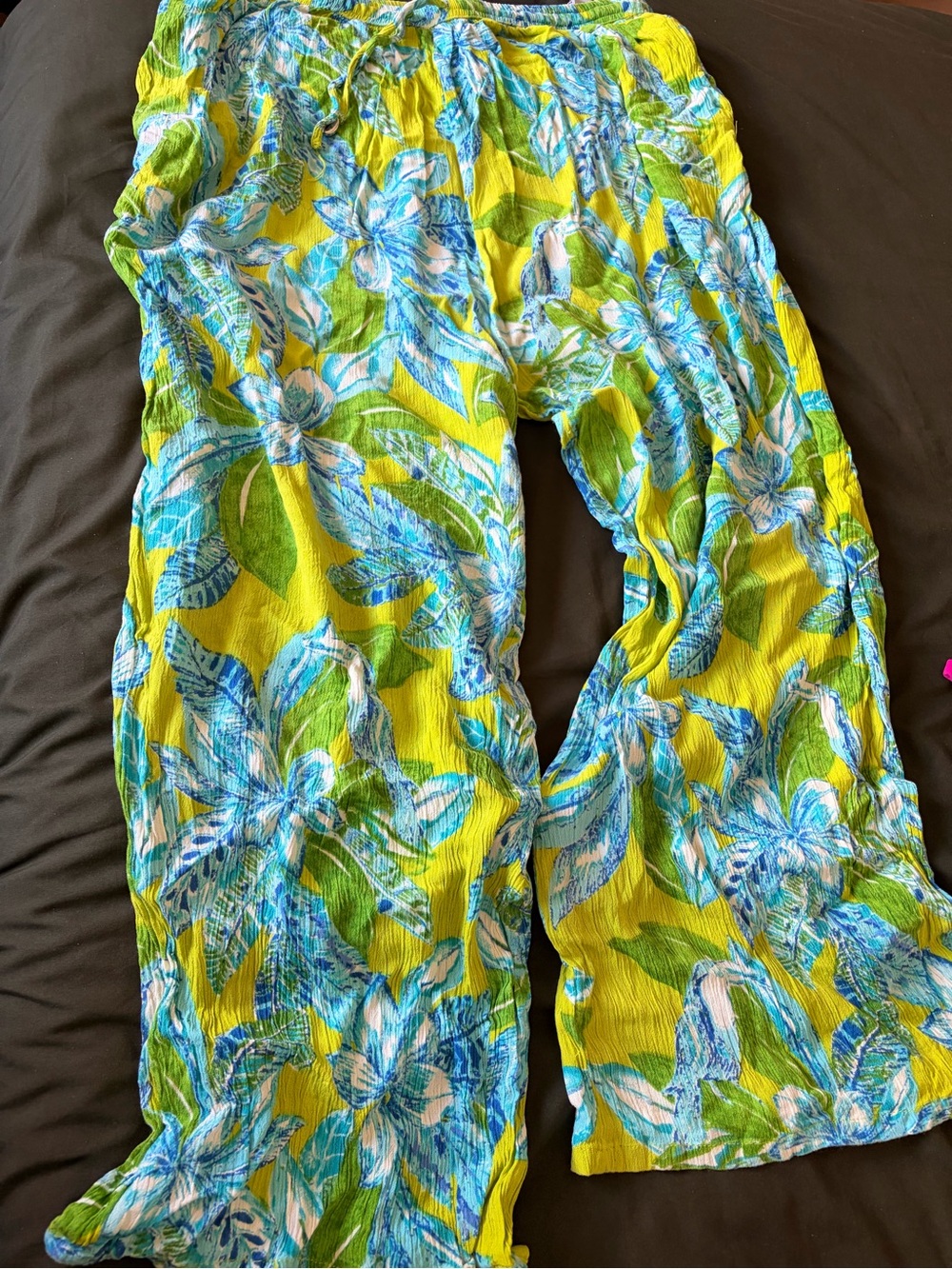 Bright Tropical Print Wide-Leg Pants - Lime & Blue Floral